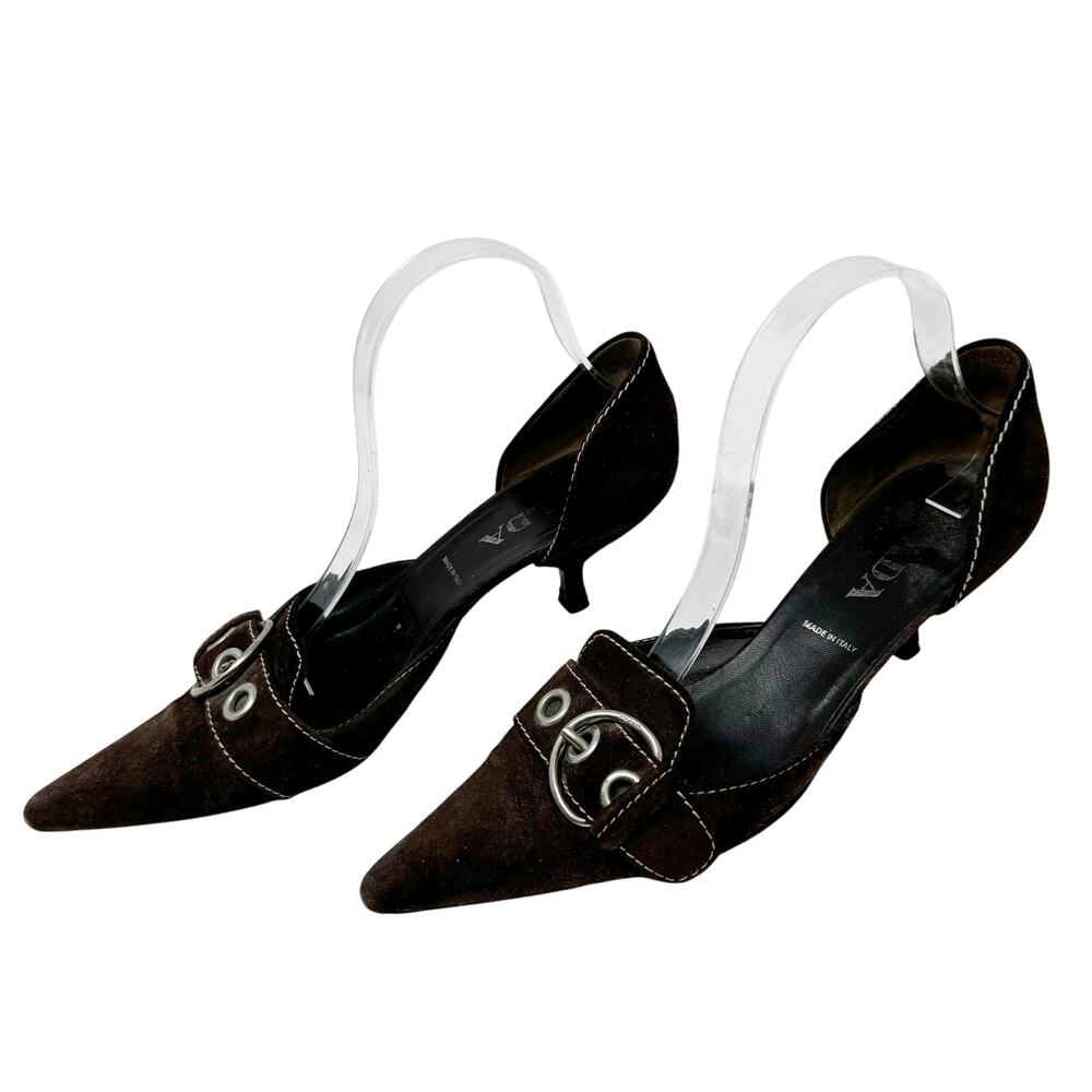 Prada Brown Suede Buckle Heels Size 39.5 Vintage Kitten Pumps Designer Shoes - Picture 3 of 10